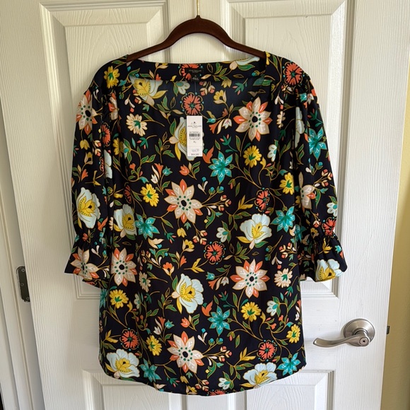 Ann Taylor Factory Tops - Ann Taylor Factory Navy background with multi color flowers Relaxed Blouse